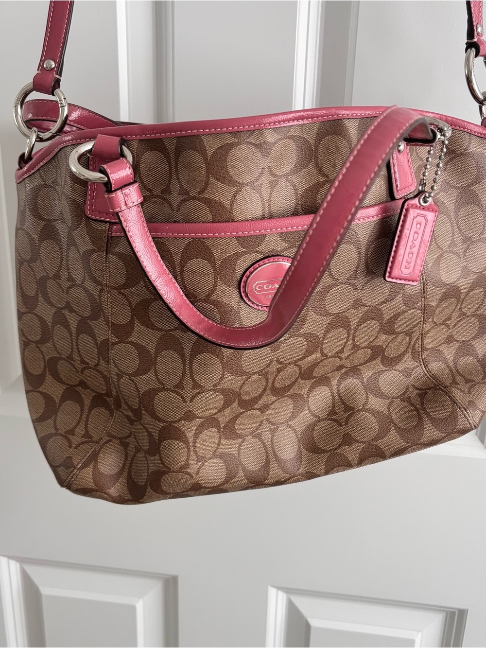 Coach Signature Peyton Tote with Pink Trim Canvas Purse Handbag - Picture 2 of 16